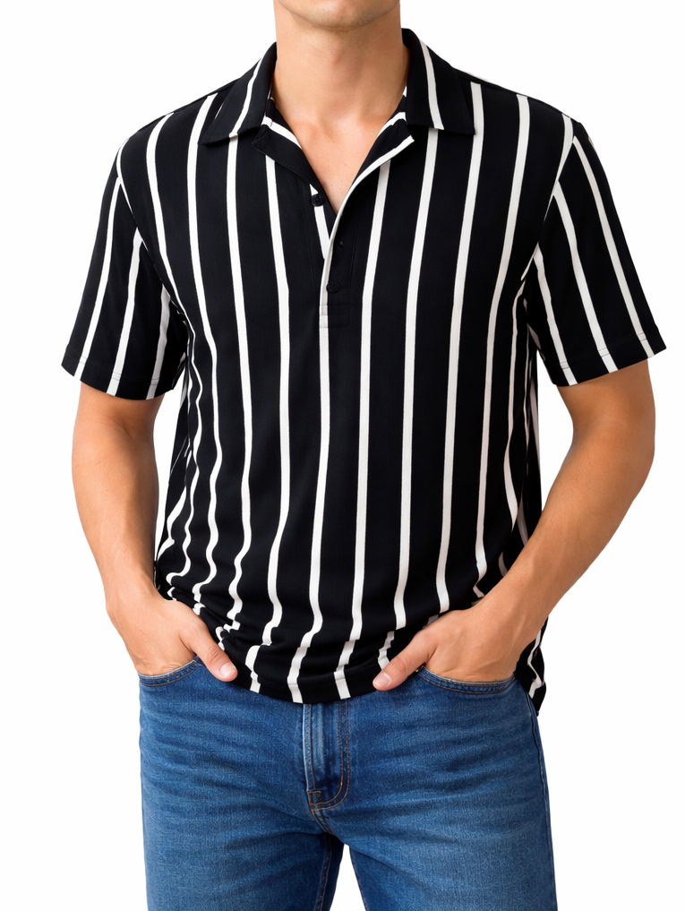 Black and white striped shirt worn by a person on a white background