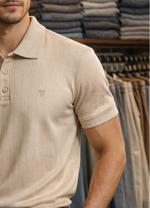 Drop-Needle Knit Polo - Beige