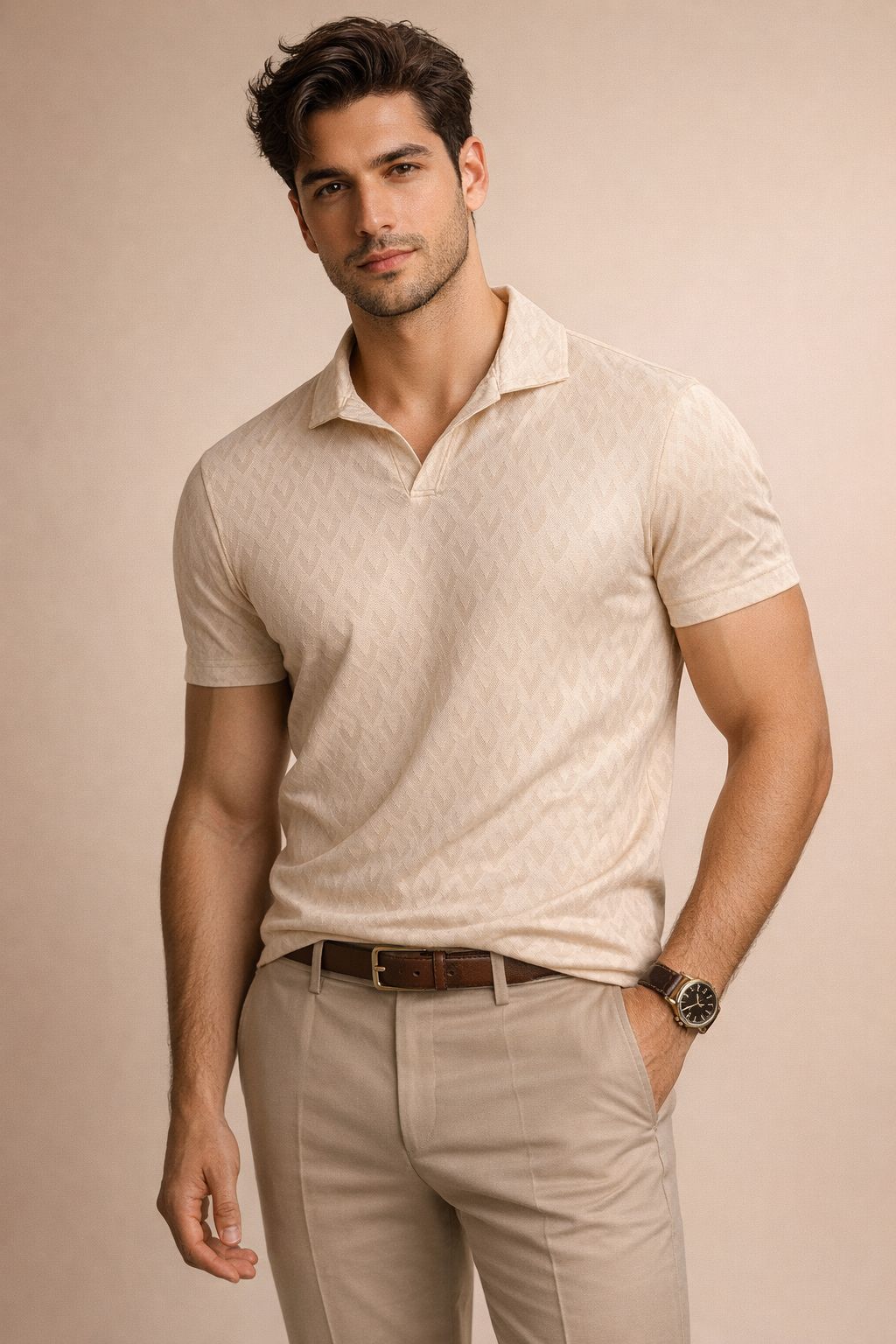 Modern Textured Knit Polo – Buttonless Design