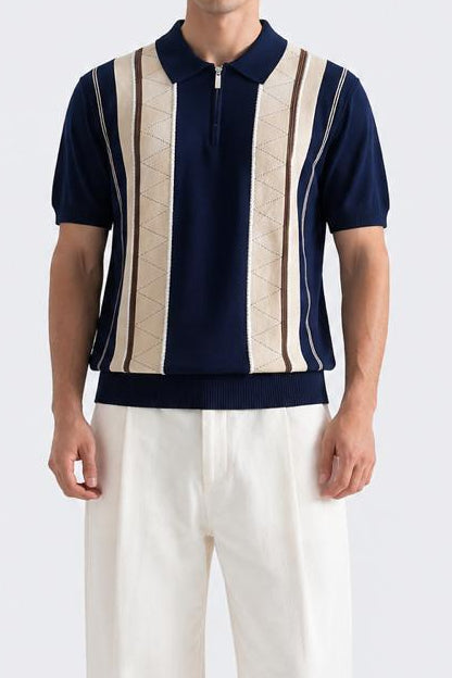 Premium Vintage Knitted Navy Blue Stripe Polo