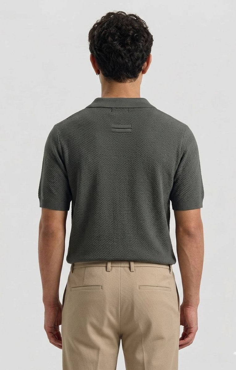 Luxury Textured Knit Polo – Charcoal Grey