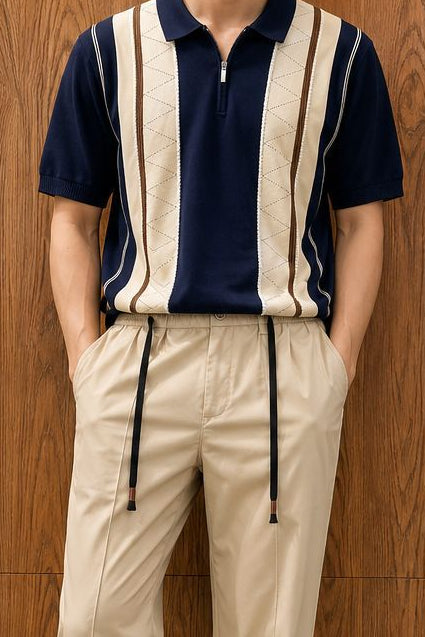 Premium Vintage Knitted Navy Blue Stripe Polo