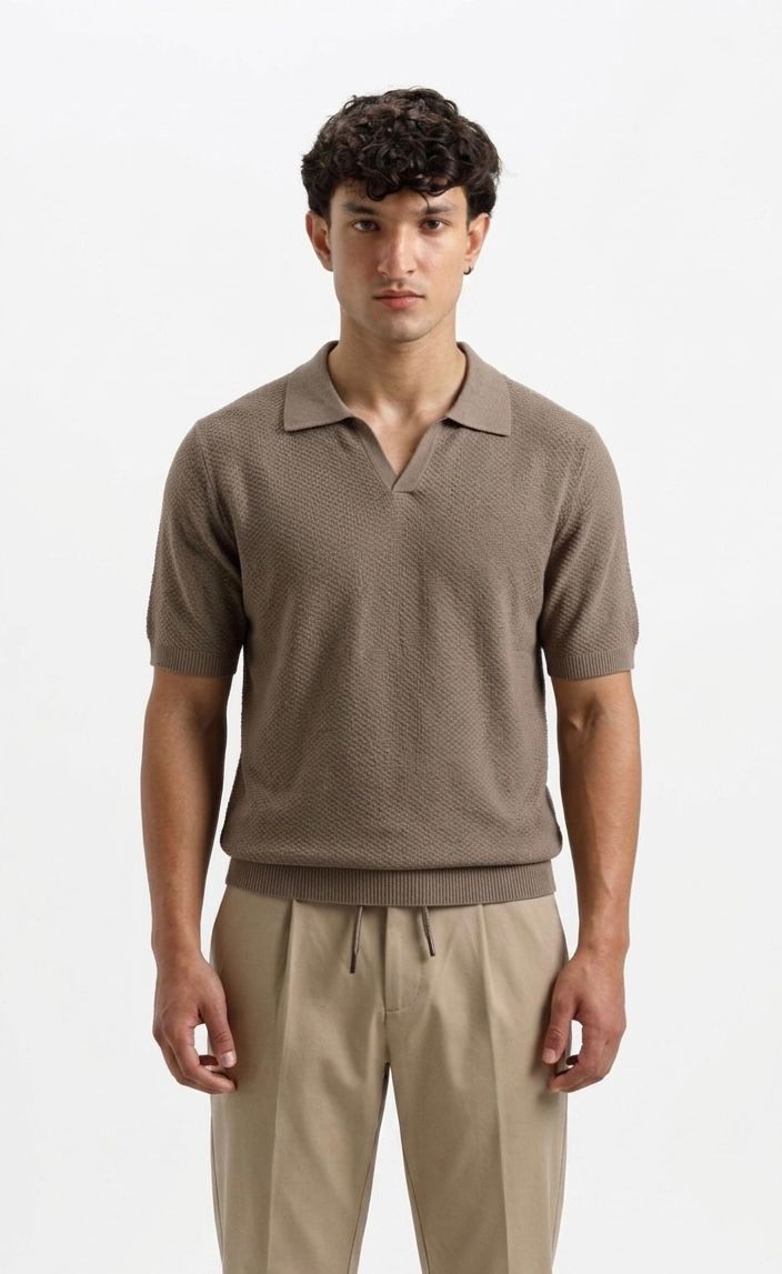 Luxury Textured Knit Polo – Mocha