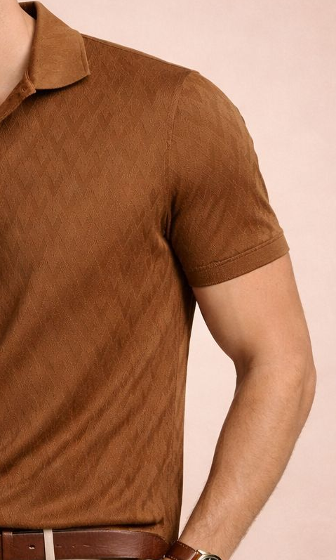 Man wearing a brown polo shirt and beige pants against a beige background