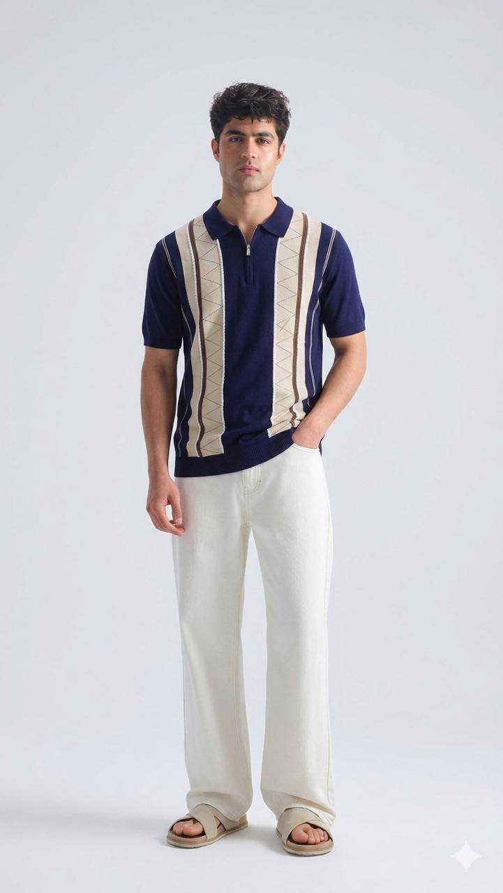 Premium Vintage Knitted Navy Blue Stripe Polo