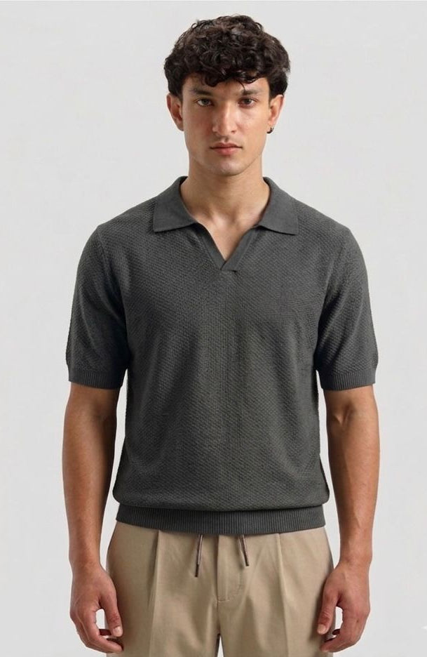 Luxury Textured Knit Polo – Charcoal Grey