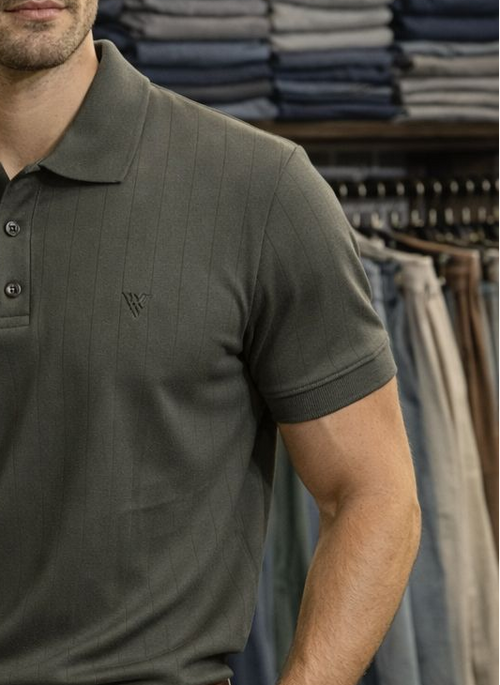 Man wearing a green polo shirt and beige pants in a clothing store.