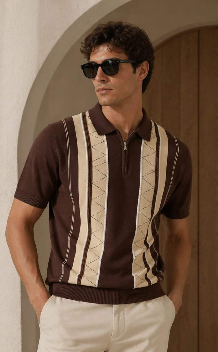 Premium Vintage Knitted Brown Stripe Polo
