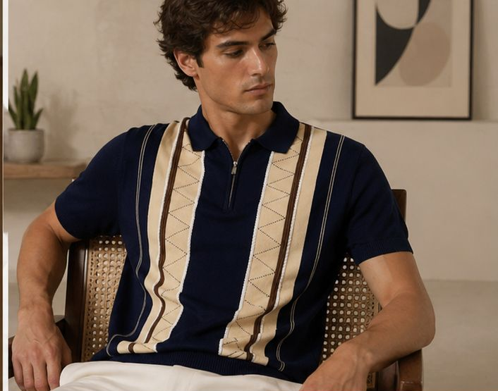 Premium Vintage Knitted Black Stripe Polo