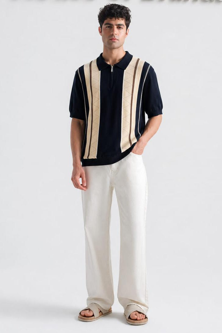 Premium Vintage Knitted Black Stripe Polo
