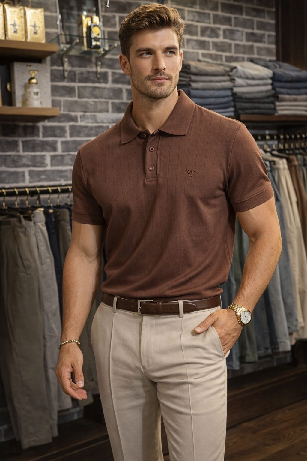 Drop-Needle Knit Polo - Brown