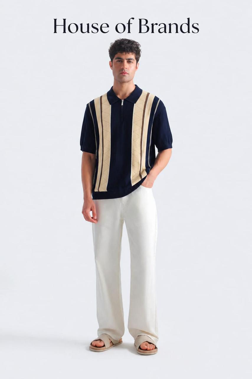 Premium Vintage Knitted Black Stripe Polo