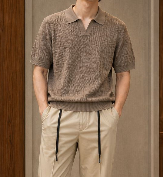 Luxury Textured Knit Polo – Mocha