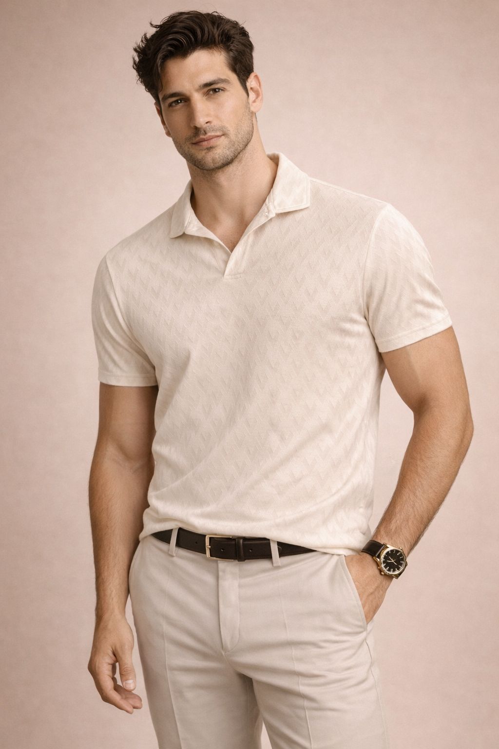 Modern Textured Knit Polo – Buttonless Design