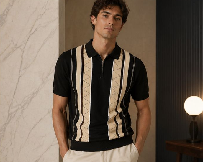 Premium Vintage Knitted Black Stripe Polo