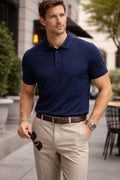 Drop-Needle Knit Polo - Navy Blue
