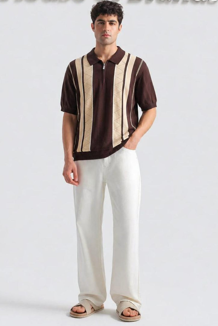 Premium Vintage Knitted Brown Stripe Polo