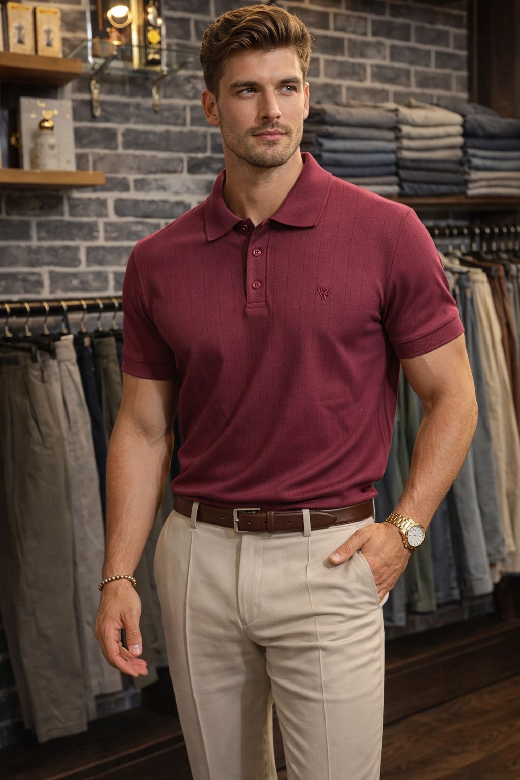 Drop-Needle Knit Polo - Maroon