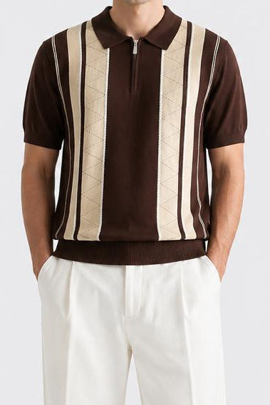 Premium Vintage Knitted Brown Stripe Polo