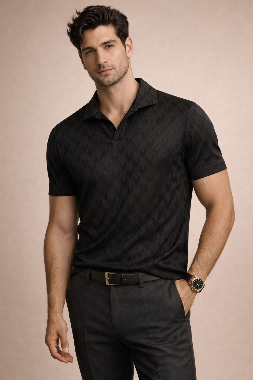 Modern Textured Knit Polo – Buttonless Design